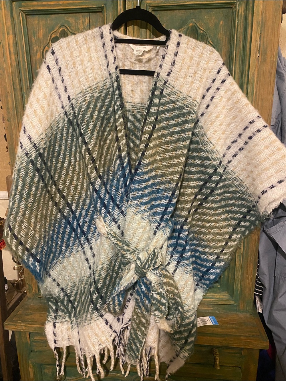 LC Lauren Conrad Plaid Fringe Wrap in Blue Green Ivory